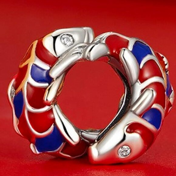 Sterling Silver Blue Red Enamel Lucky Carp Septal Fish Bead Charm - Picture 1 of 4